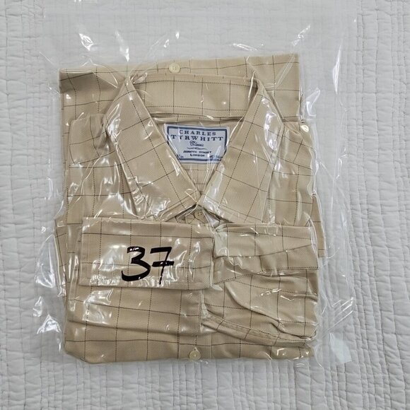 Charles Tyrwhitt French Cuff Shirt Men's 18/37 Tan Windowpane Classic Fit EUC - Picture 13 of 13